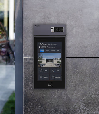 Akuvox S539 video door phone intercom installed on exterior of apartment complex