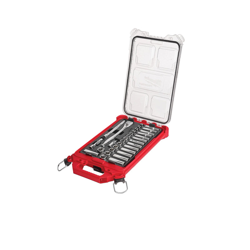 Milwaukee Tool 48-22-9482 32PC 3/8-inch Metric Ratchet and Socket Set with PACKOUT Low-Profile Compact Organizer