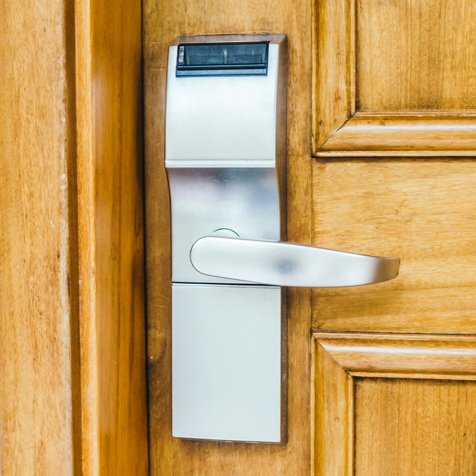 Mortise lock installed on hotel room door