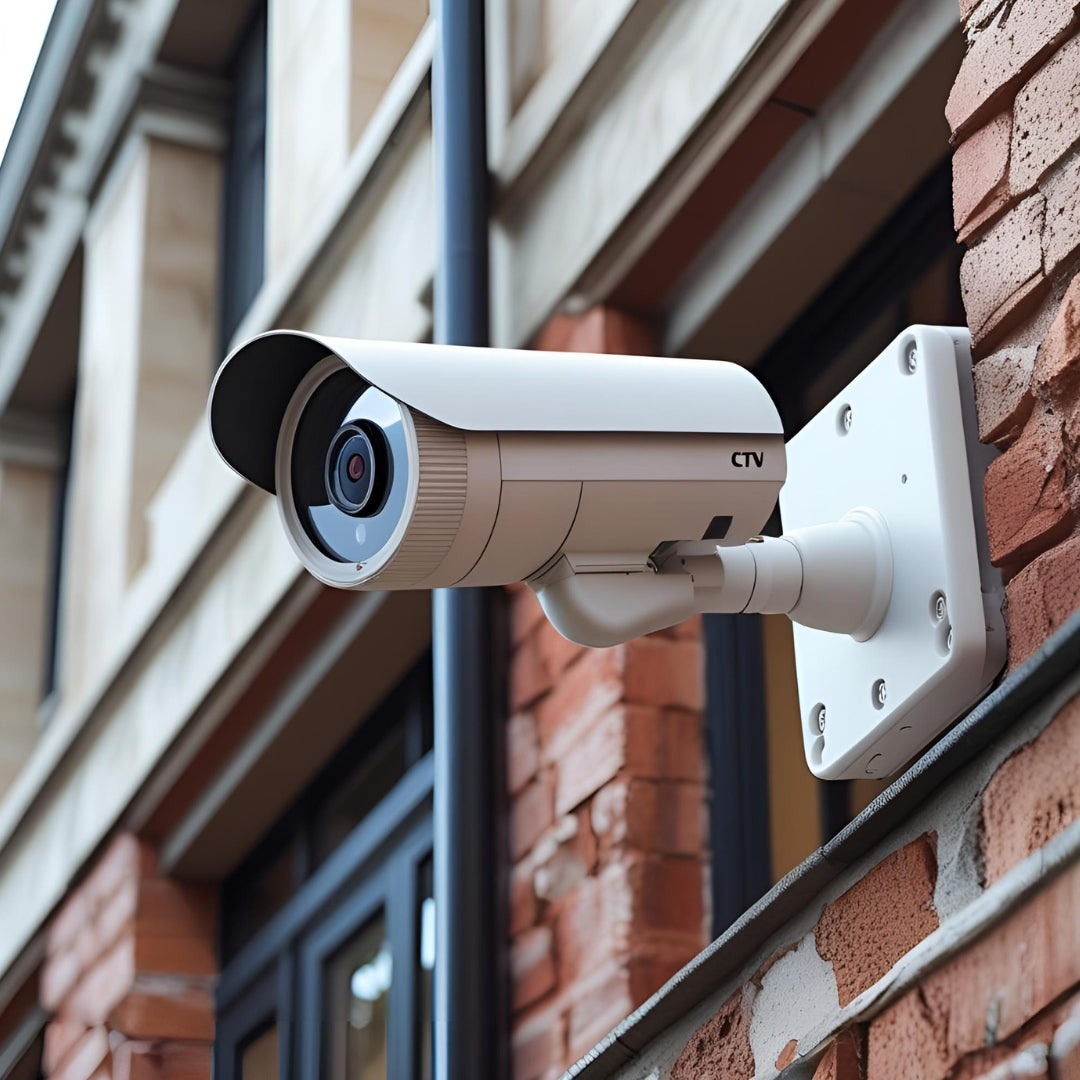 white cctv bullet camera with mount exterior building brick wall